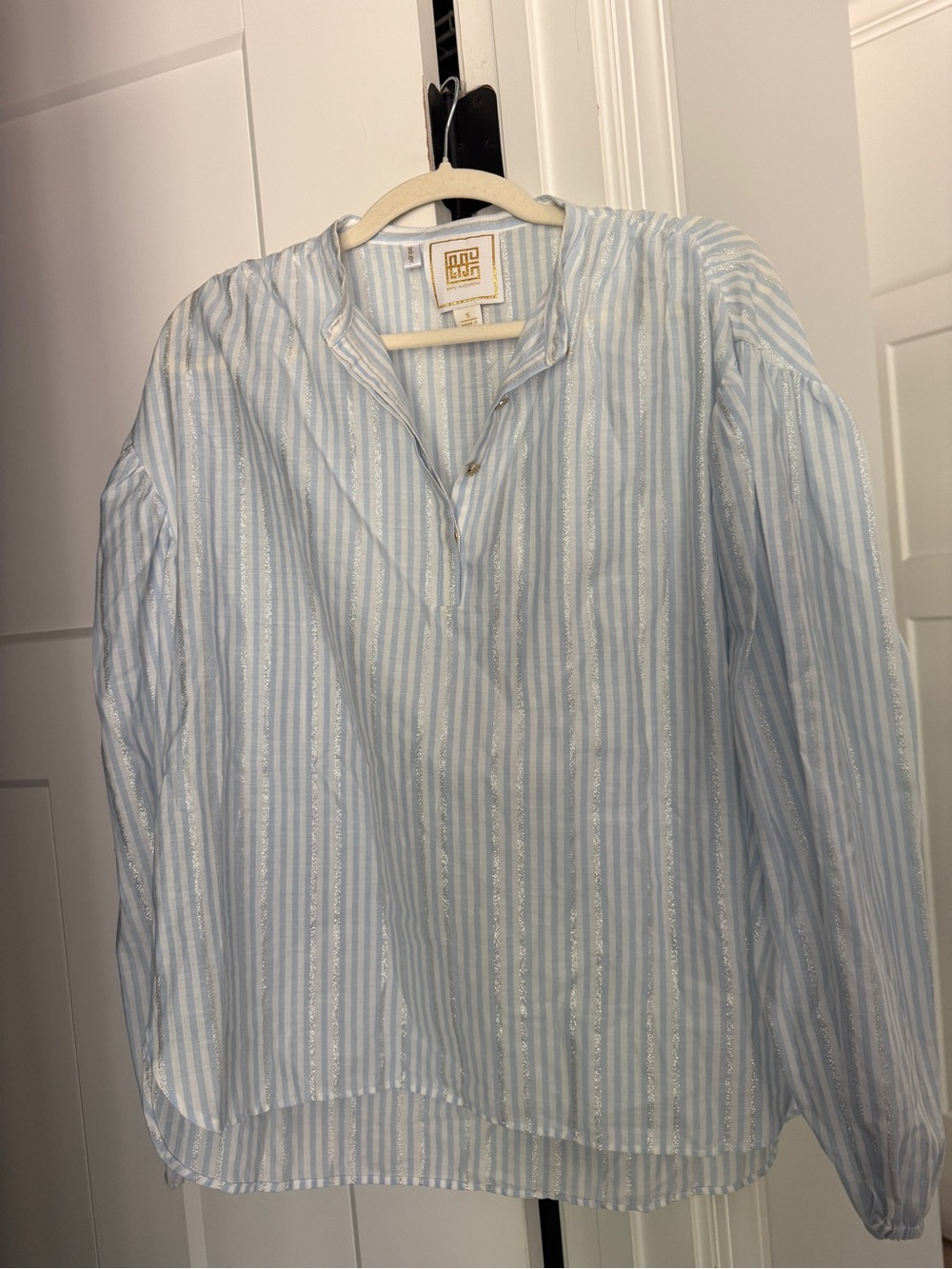 Emily McCarthy Metallic Stripe Lolli Top blue white blouse